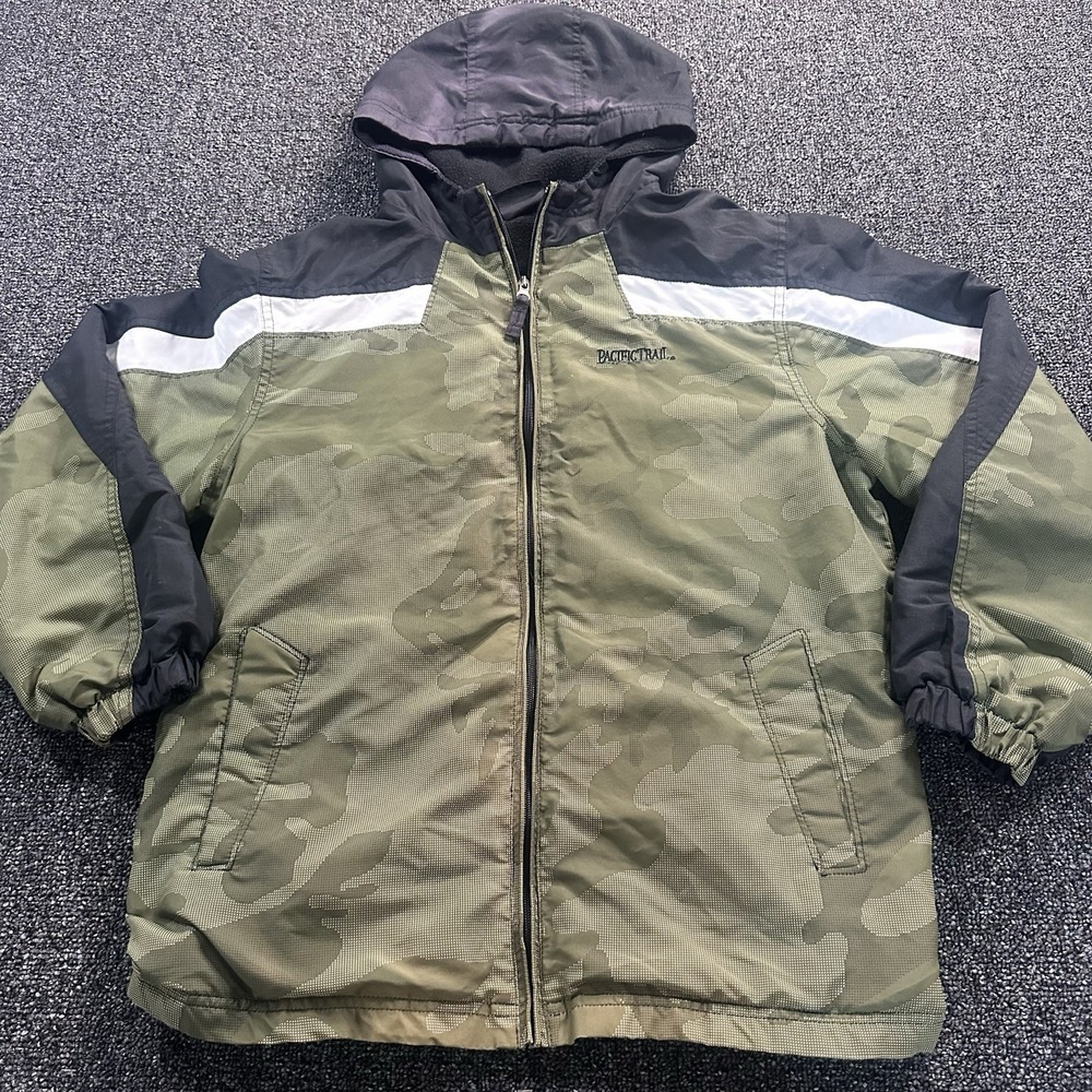 Pacific Trail Boys Green Camo Fleece Lined Hooded Jacket Size L 14/16 Full Zip